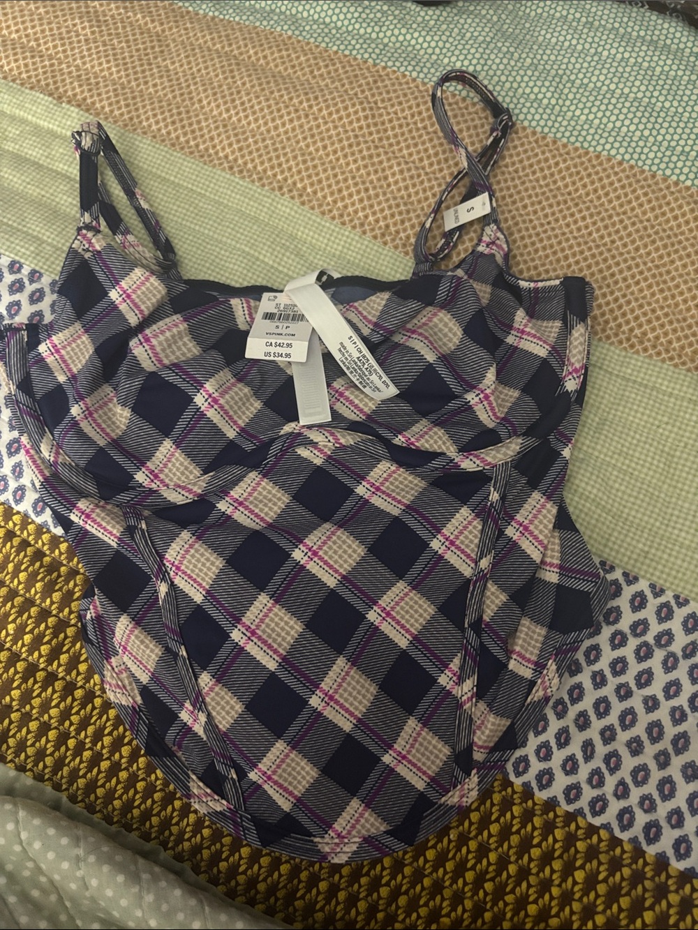 Plaid Pink Victoria Secret Cami Bodysuit - Navy & Cream & pink .